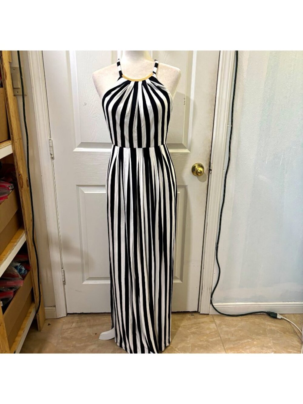 Soma Maxi Dress Women M Black White Striped Halter Sleeveless Pockets Stretch